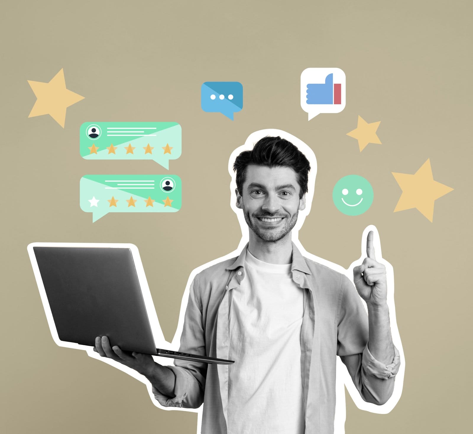 Homme souriant tenant un ordinateur portable avec des icônes d’avis clients et de messages illustrant la gestion de la réputation en ligne d’une entreprise.